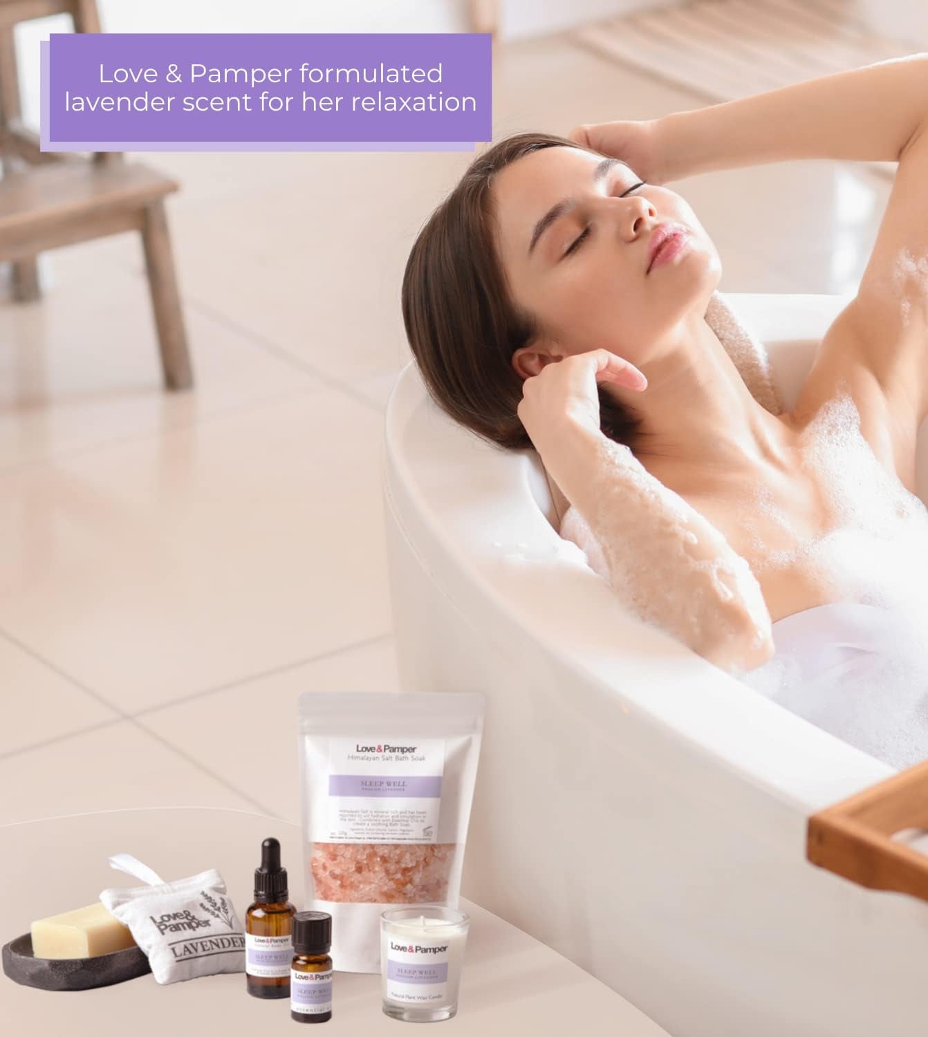 SLEEP WELL - Lavender Aromatherapy Pamper Gift Sets for Women Wellness, Essential Oil, Massage Oil,Himalayan Bath Salt,Soy Candle, Spa Lux Hand Made Soap, Lavender Seed Pillow Pouch