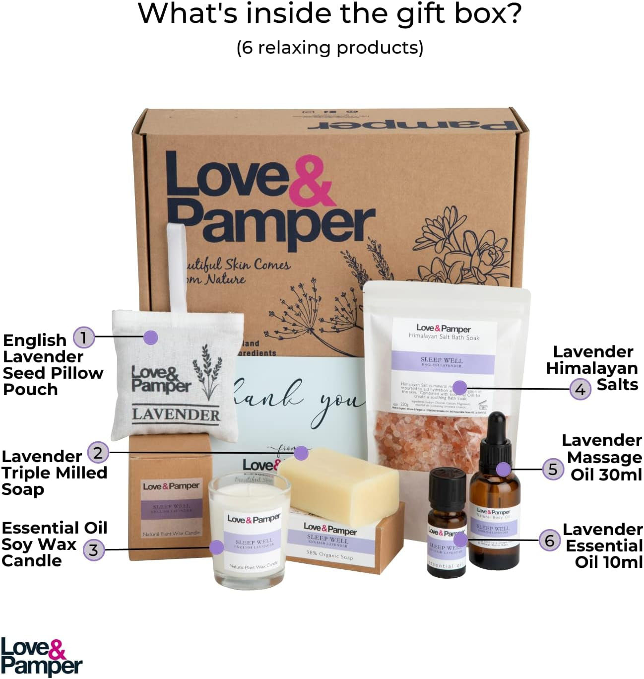 SLEEP WELL - Lavender Aromatherapy Pamper Gift Sets for Women Wellness, Essential Oil, Massage Oil,Himalayan Bath Salt,Soy Candle, Spa Lux Hand Made Soap, Lavender Seed Pillow Pouch