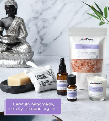 SLEEP WELL - Lavender Aromatherapy Pamper Gift Sets for Women Wellness, Essential Oil, Massage Oil,Himalayan Bath Salt,Soy Candle, Spa Lux Hand Made Soap, Lavender Seed Pillow Pouch