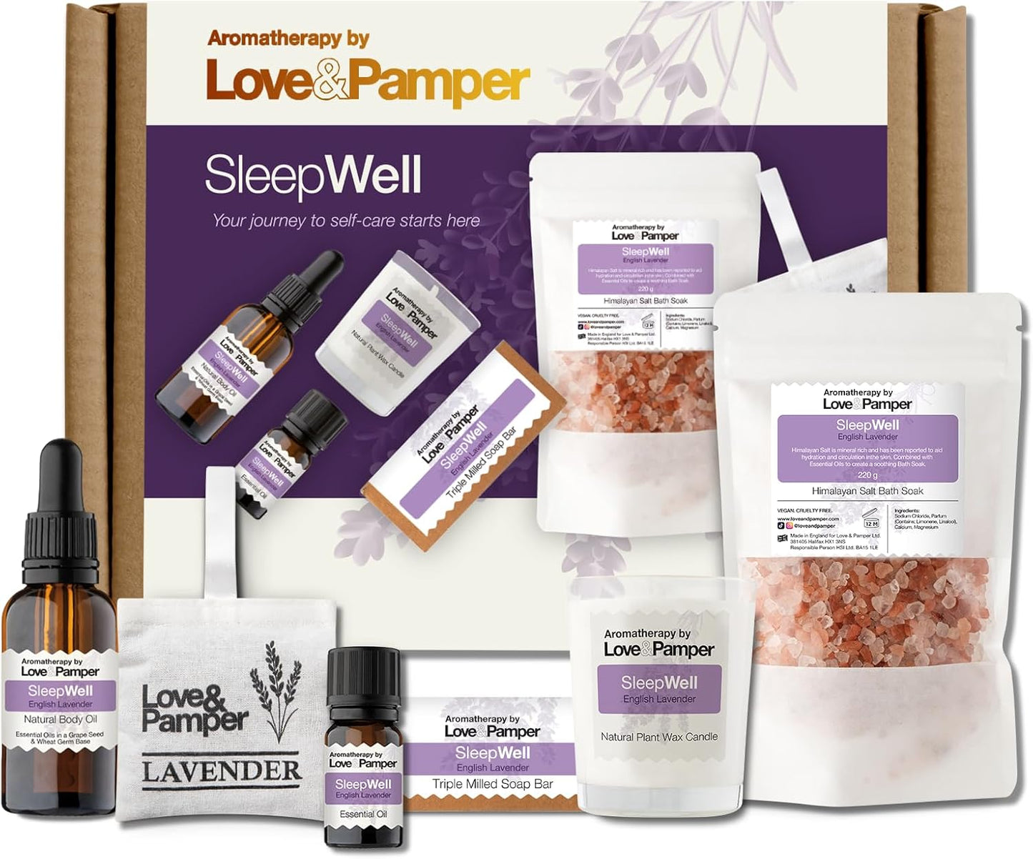 SLEEP WELL - Lavender Aromatherapy Pamper Gift Sets for Women Wellness, Essential Oil, Massage Oil,Himalayan Bath Salt,Soy Candle, Spa Lux Hand Made Soap, Lavender Seed Pillow Pouch