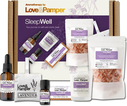 SLEEP WELL - Lavender Aromatherapy Pamper Gift Sets for Women Wellness, Essential Oil, Massage Oil,Himalayan Bath Salt,Soy Candle, Spa Lux Hand Made Soap, Lavender Seed Pillow Pouch