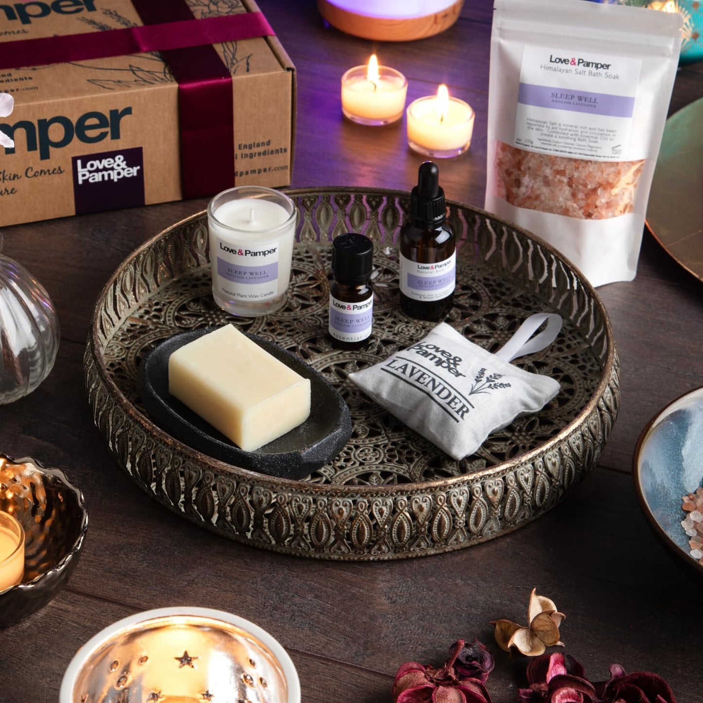 SLEEP WELL - Lavender Aromatherapy Pamper Gift Sets for Women Wellness, Essential Oil, Massage Oil,Himalayan Bath Salt,Soy Candle, Spa Lux Hand Made Soap, Lavender Seed Pillow Pouch