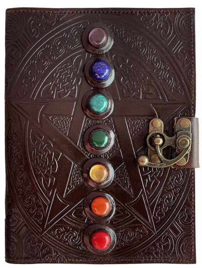 Leather Journal Writing Notebook 7 Chakra Stone Diary for Men & Women, Handmade Antique Deckle Edge Paper - Book of Shadow Travel Diary Gift for Him Her by , Brown